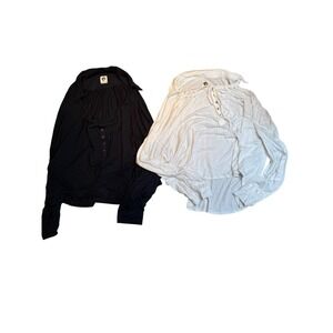 We the Free lot of 2 Womens Black Long Sleeve Tunic Tie Neck Button Henley Top L